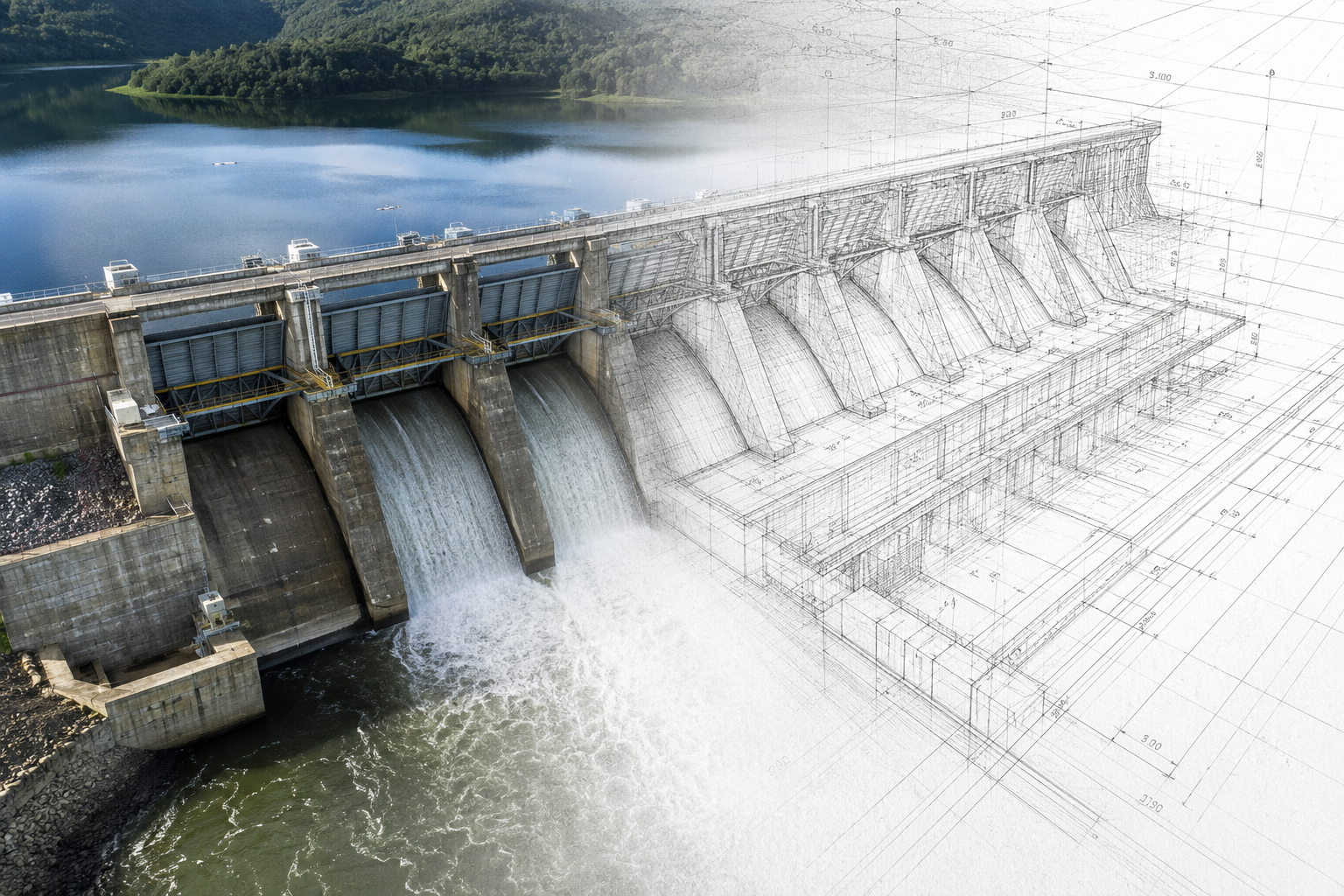 Barragem hidrelétrica com projeto técnico sobreposto